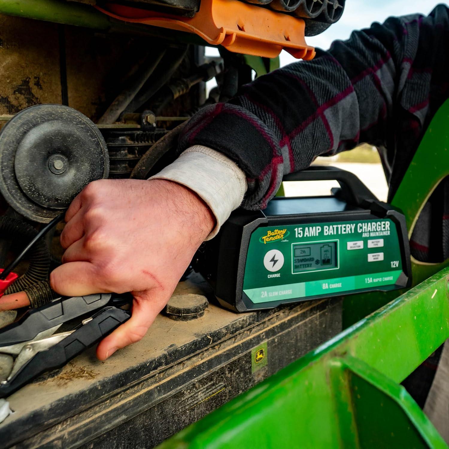 imageBattery Tender 15 AMP Battery Charger and Maintainer  12V Switchable 15 AMP  8 AMP  2 AMP  Selectable Chemistry Standard AGM Gel  LCD Display  0220234DLWH