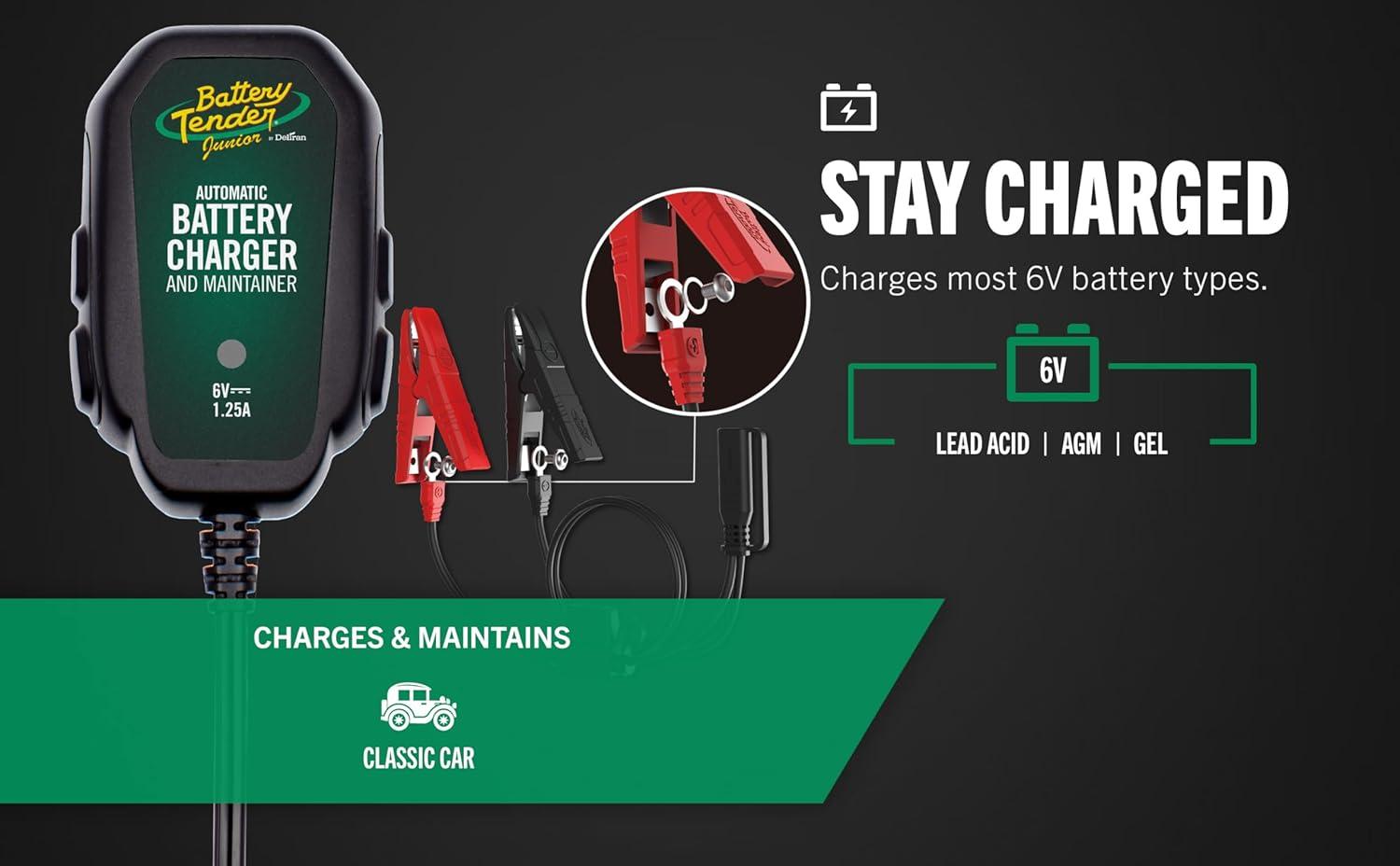 imageBattery Tender Junior 6V 125 AMP Battery Charger and Maintainer Fully Automatic 6V Automotive Battery Charger for Cars Motorcycle ATVs and More  0220196