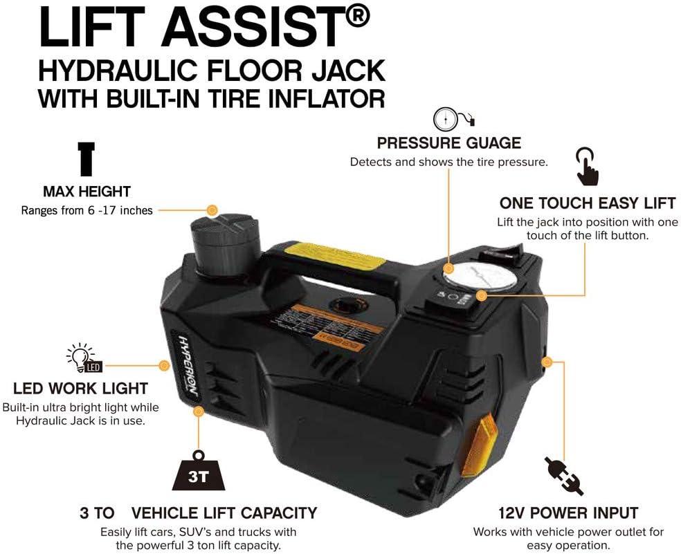 imageHyperion LiftAssist 12V Portable Hydraulic Floor Jack with Tire Inflator Air Compressor by Deltran  0431004HYWH